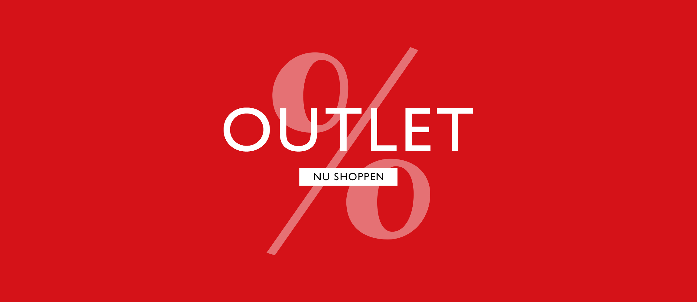Rode reclamebanner met witte SALE-tekst en procentteken op de achtergrond, evenals een Nu Winkelen-knop