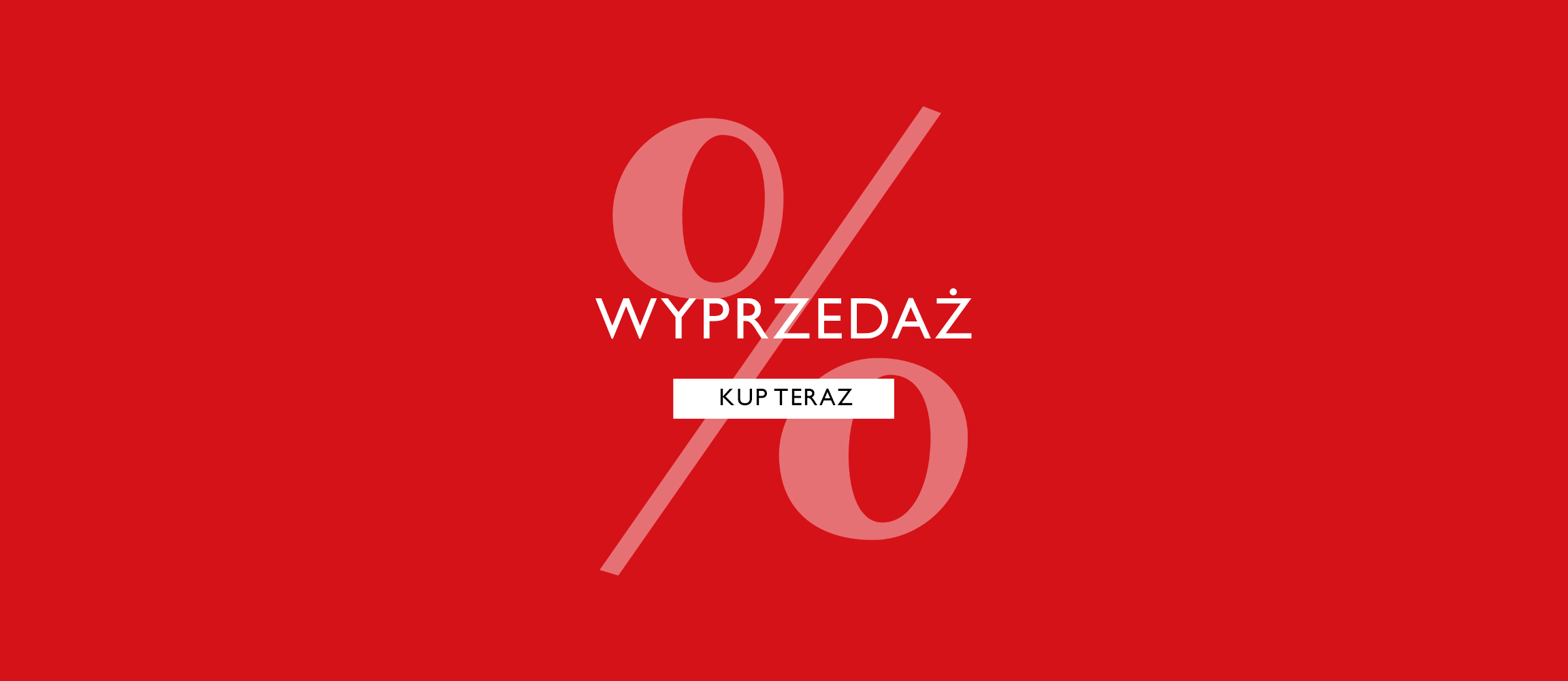 Czerwony baner reklamowy z białym tekstem SALE i znakiem procentu w tle, a także przyciskiem Kup Teraz.
