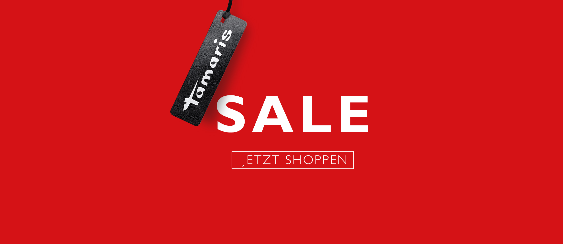 Rotes Banner mit schwarzem Tamaris-Preisschild, wei&szlig;em "SALE"-Schriftzug und Button "Jetzt Shoppen".