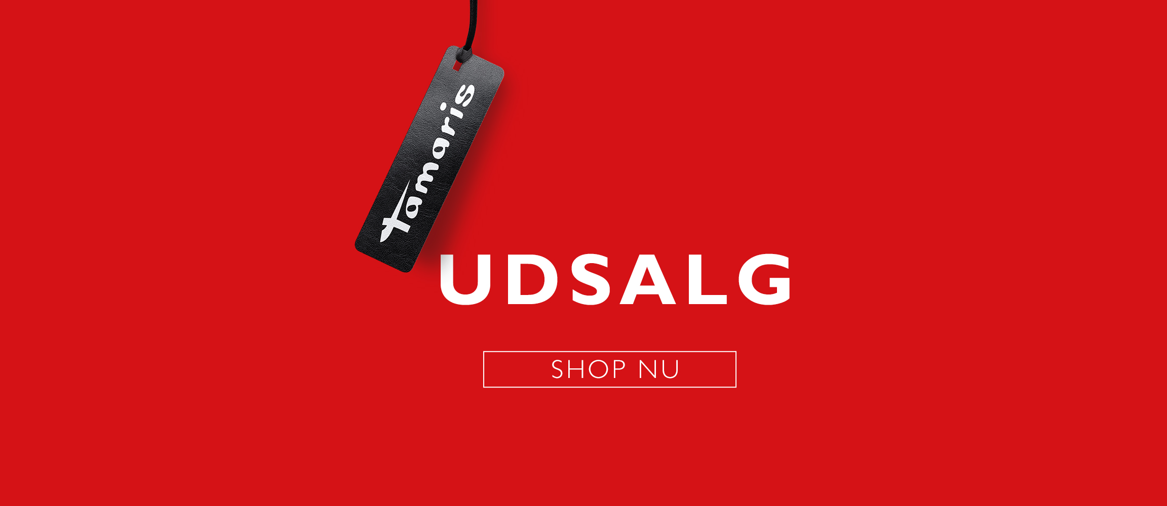 R&oslash;dt banner med sort Tamaris-prisskilt, hvid "SALE"-tekst og "Shop nu"-knap.