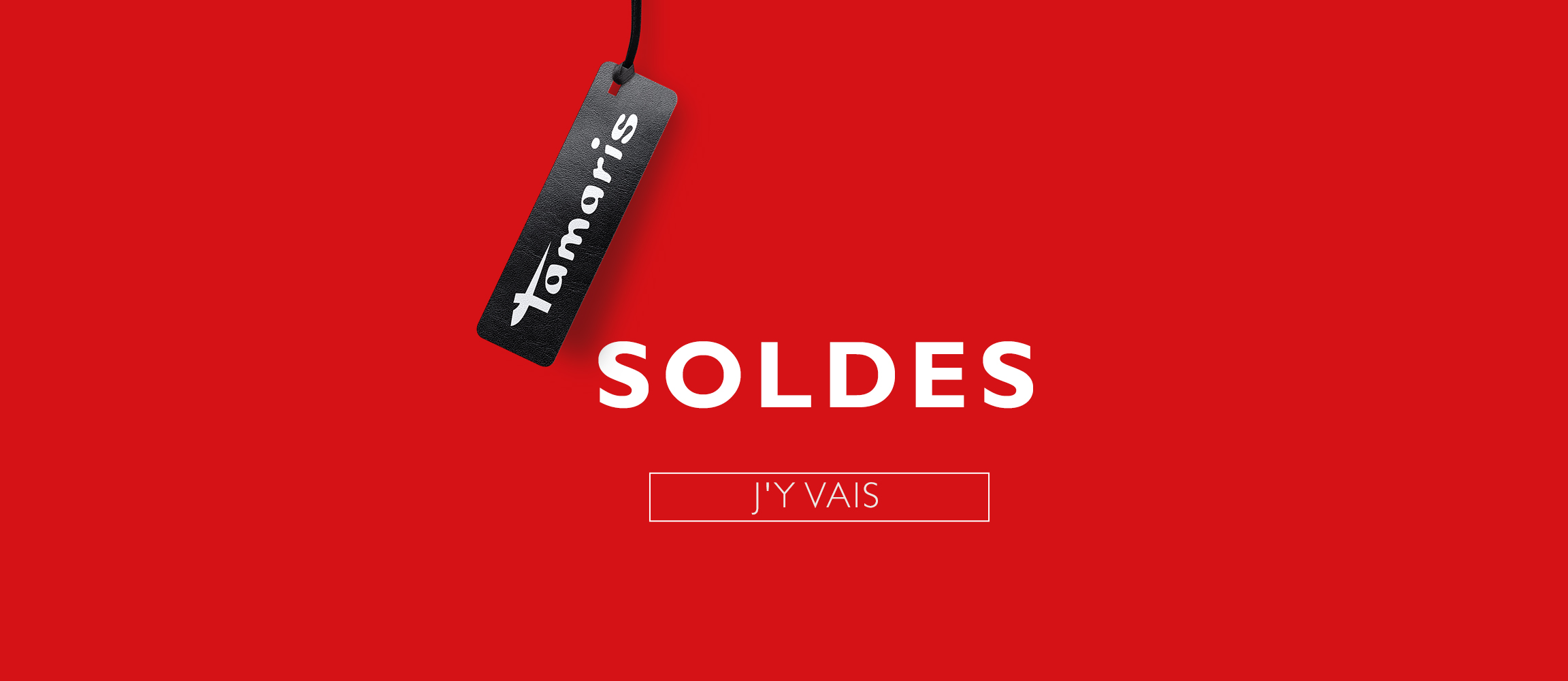 Banni&egrave;re rouge avec &eacute;tiquette de prix Tamaris noire, inscription &laquo; SALE &raquo; blanche et bouton &laquo; Shopper maintenant &raquo;.