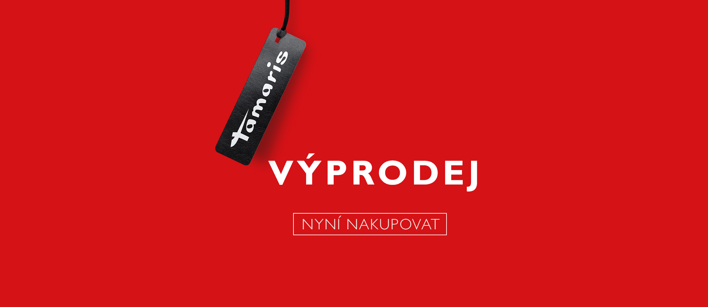 Červen&yacute; banner s černou cenovkou Tamaris, b&iacute;l&yacute;m n&aacute;pisem "SALE" a tlač&iacute;tkem "Nakupovat nyn&iacute;".
