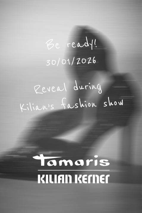 Sort-hvidt annonceringsbillede for samarbejdet Tamaris x Kilian Kerner den 30.01.2026 med sl&oslash;ret baggrund.