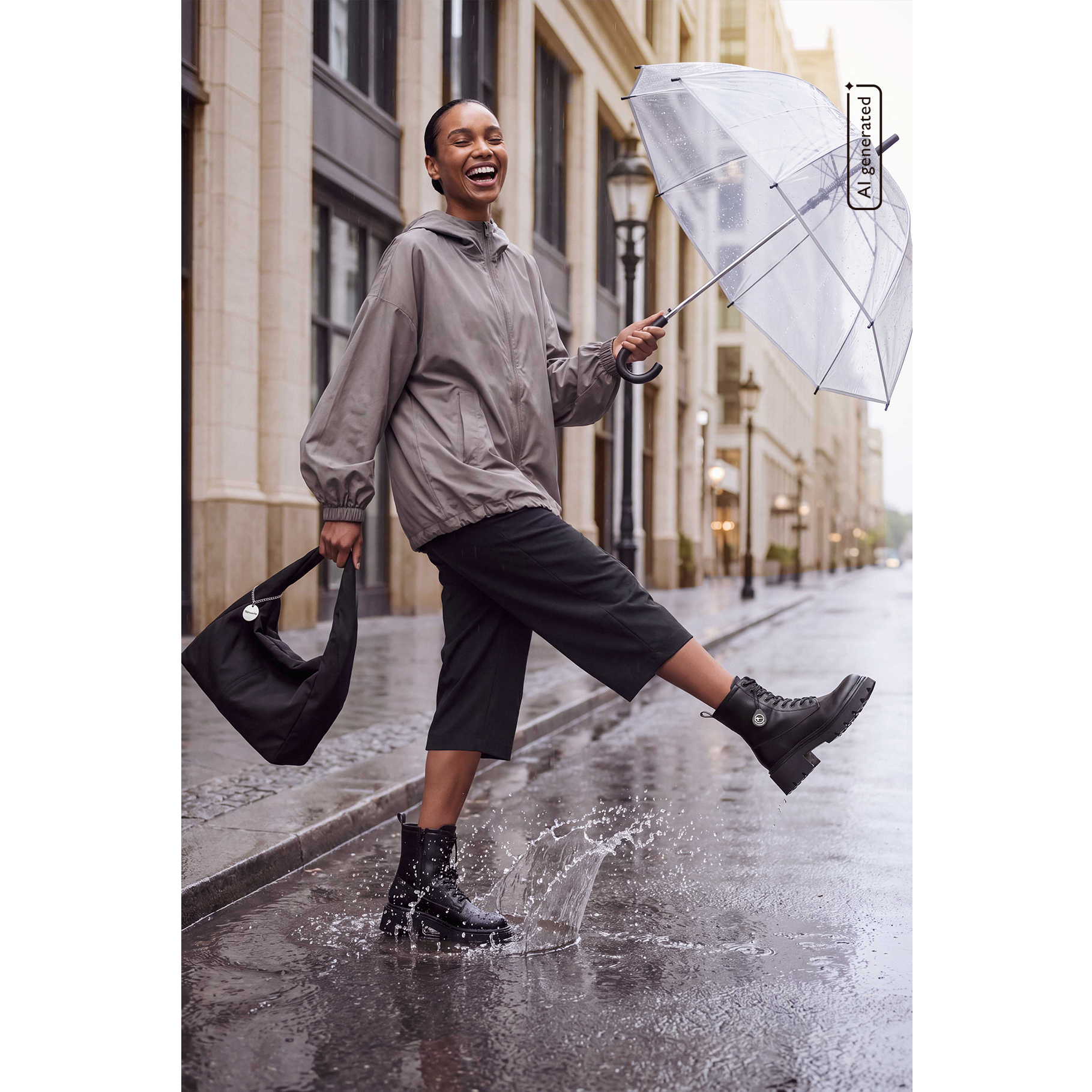 Femme sautant en riant dans une flaque, portant une veste grise, un pantalon noir et des bottes, tenant un parapluie transparent et un sac noir.