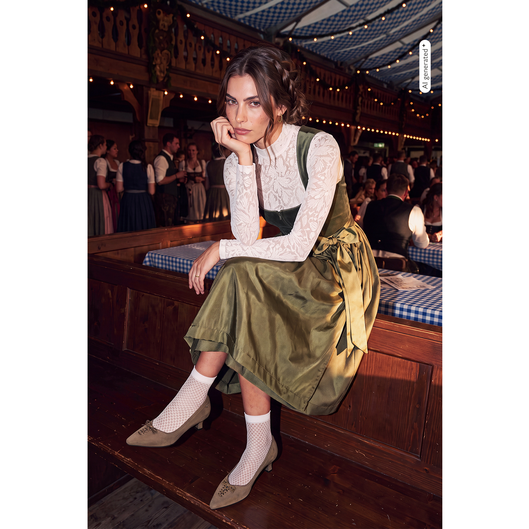 Frau in gr&uuml;nem Dirndl mit wei&szlig;er Spitzenbluse sitzt auf einer Holzbank in einem Festzelt beim Oktoberfest.