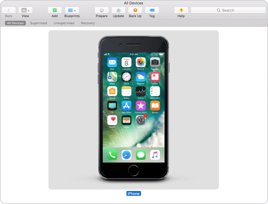 Image of iPhone within an All Devices screen in Apple Configurator