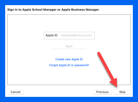 Apple School Manager or Apple Business Manager sign on screen in Apple Configurator