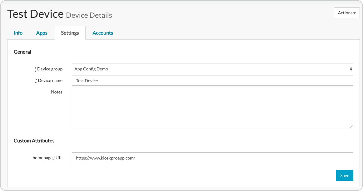 Device details for a test device showing settings for Device Group, Device Name, and custom homepage attribute