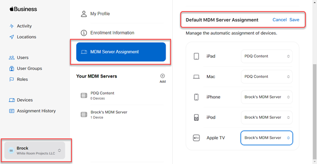 Set a default MDM server by device type within Apple Business Manager
