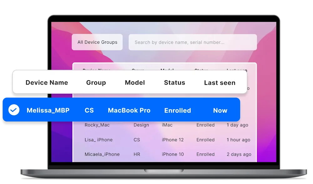 Laptop displaying mock UI of device groups in SMDM