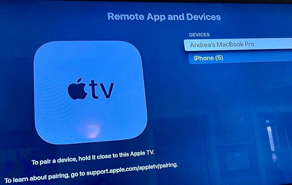 Apple TV pairing screen showing Remote App and Devices options with nearby devices listed.