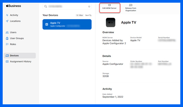 Assign the Apple TV to the correct MDM server by clicking Edit MDM server and selecting the MDM server you want it to join