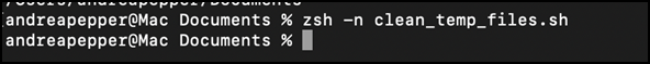 A Terminal window on macOS showing the command zsh -n clean_temp_files.sh.