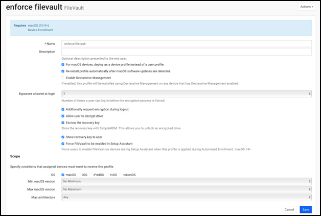 Screenshot of a completed FileVault profile. 