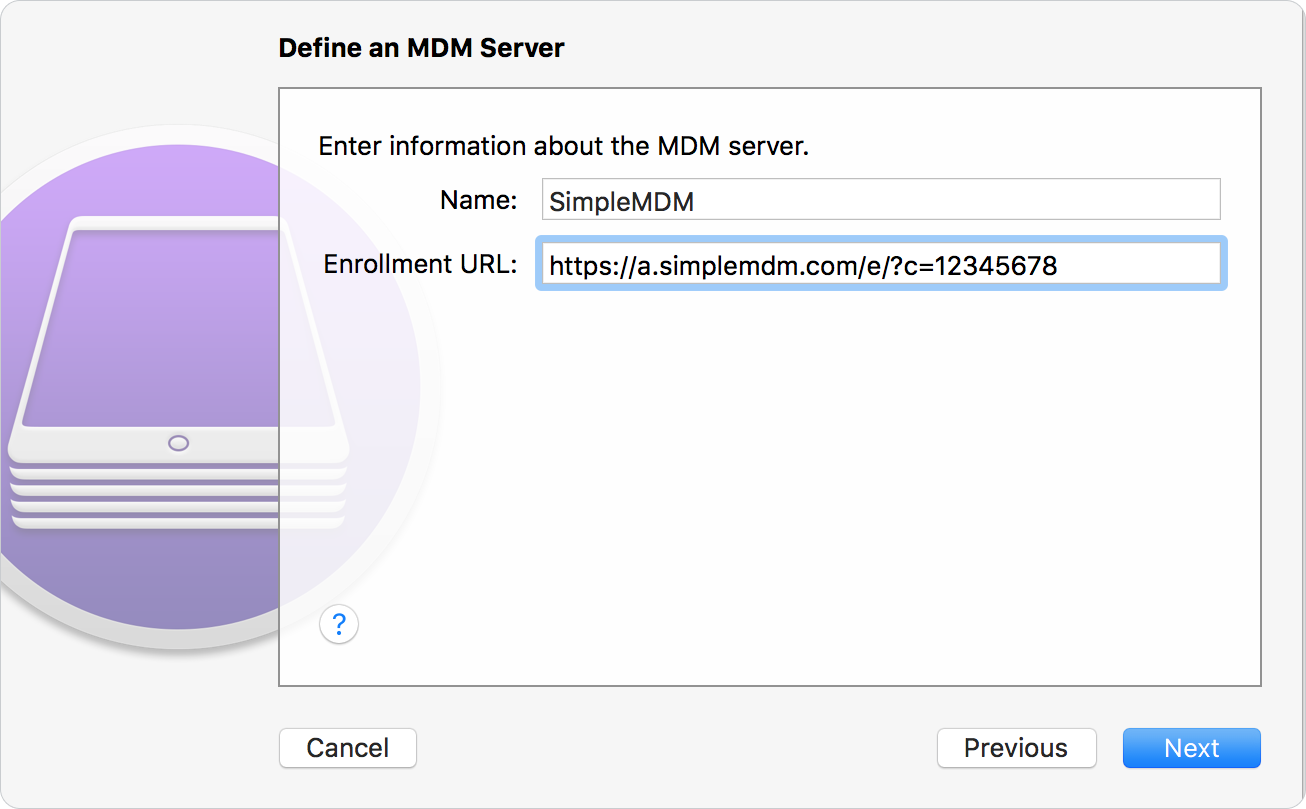Define an MDM server window with Enrollment URL selected