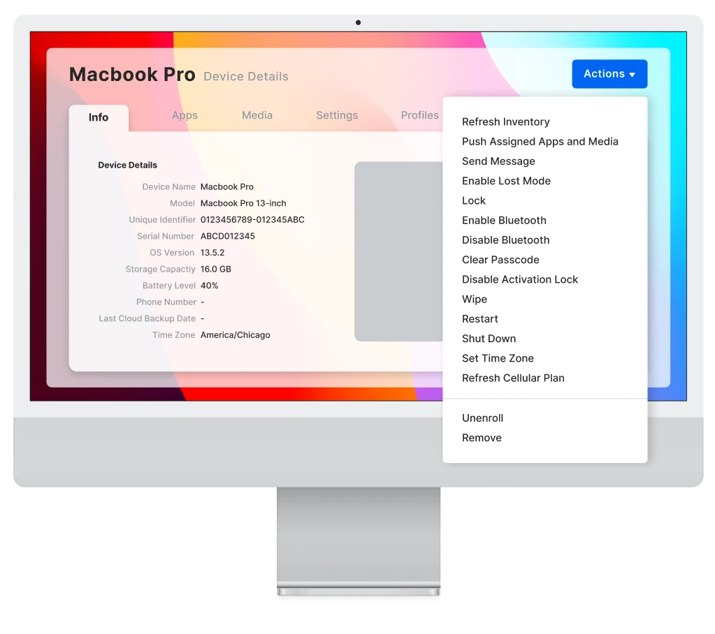 iMac displaying what remote actions can be taken on a remote MacBook Pro from SimpleMDM