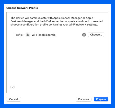 Add or create a Wi-Fi profile if you’re using Wi-Fi then click Prepare.