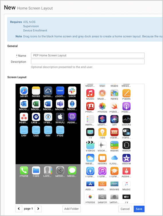 Screenshot of the SimpleMDM interface showing the Home Screen Layout window with drag-and-drop icons.