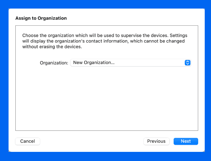 Select desired organization on assigned to organization screen in Apple configurator during preparation.