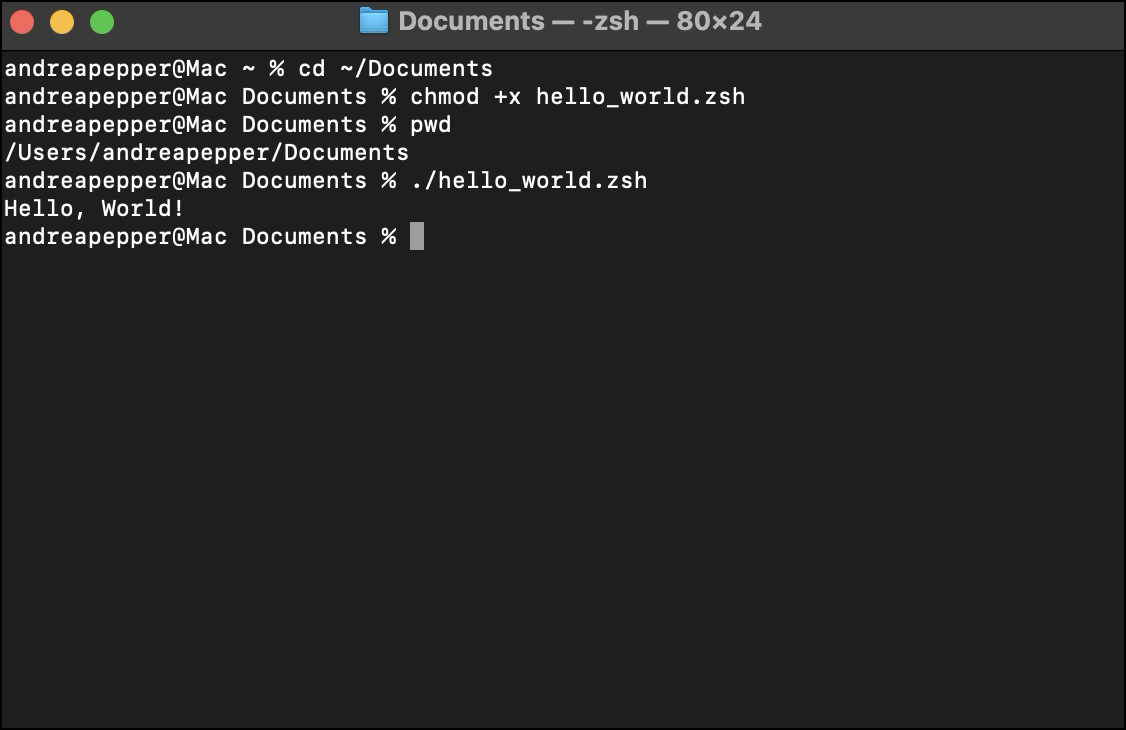 Terminal window on macOS showing commands to make a script executable using chmod +x and run it, outputting "Hello, World!"