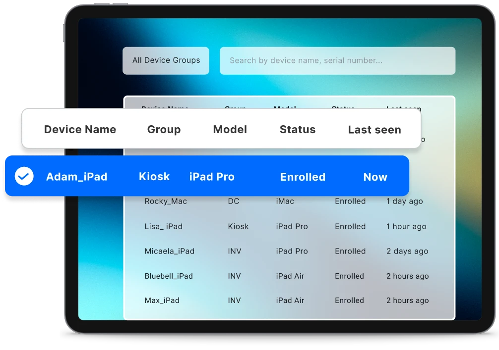 ipad displaying mock ui of device groups in simplemdm