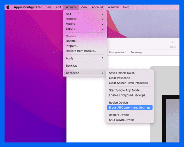 In Apple Configurator, select the device, and click Actions > Advanced > Erase All Content and Settings.