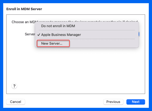 At the MDM server screen, select New Server… from the drop-down list, then click Next.