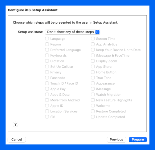 Setup assistant configuration screen in Apple Configurator