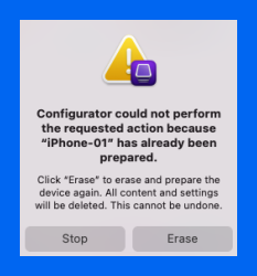 Erase device confirmation screen in Apple Configurator