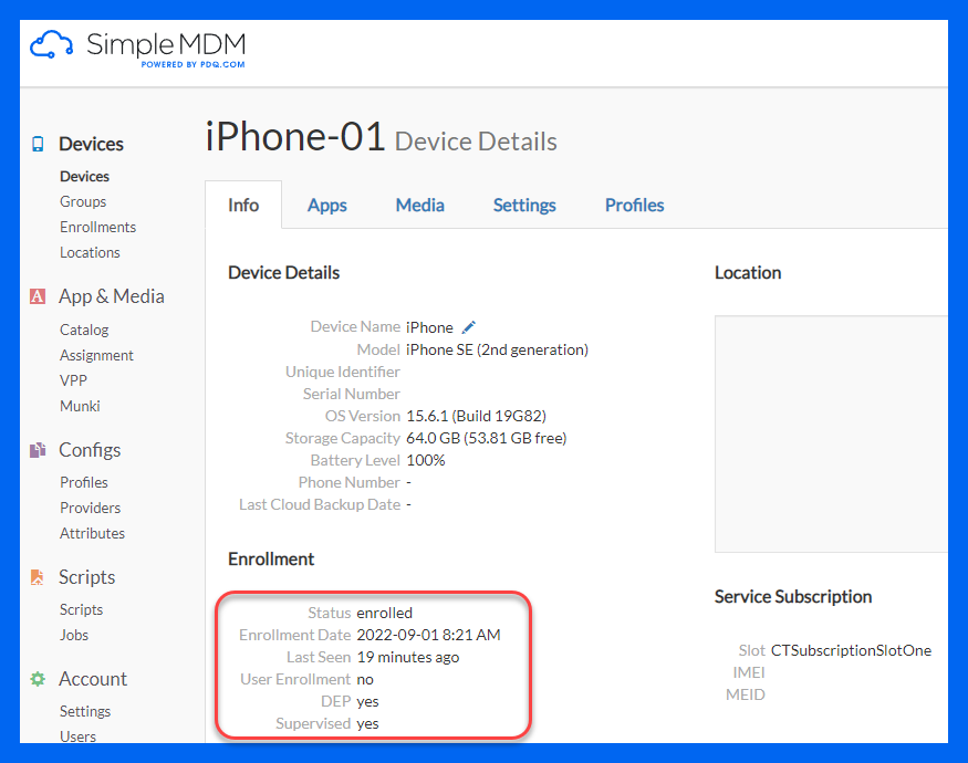 SimpleMDM device details window