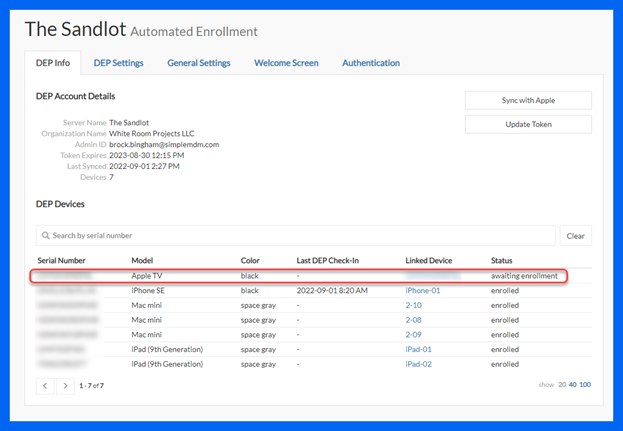 In your MDM server, click on the enrollment you assigned to the device. The Apple TVs status should indicate awaiting enrollment