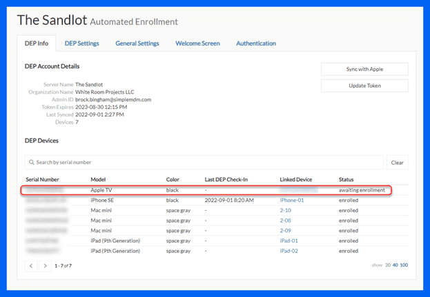 In your MDM server, click on the enrollment you assigned to the device. The Apple TVs status should indicate awaiting enrollment.