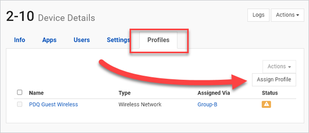 Click assign profile to assign a profile to the device.