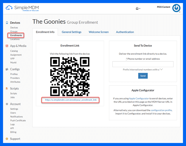 In the Enrollments screen in SimpleMDM, click on the group enrollment you created and copy the enrollment link.