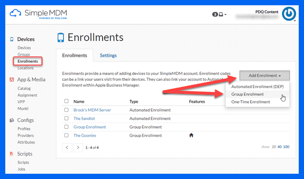 Image of simple MDM enrollments page reflecting the clicking of menu item, ad enrollment, and then clicking group enrollment.