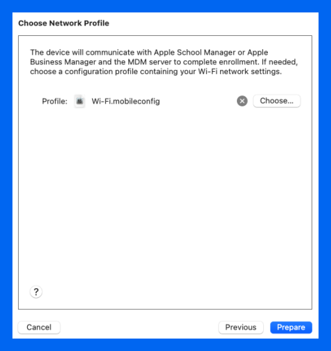Network profile window in Apple Configurator