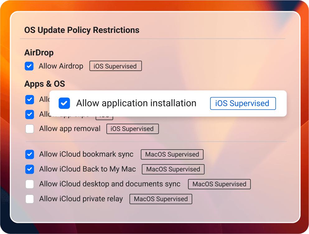 OS Update Policy Restrictions UI mockup
