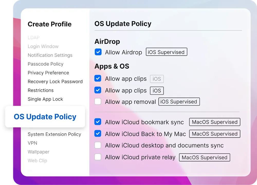 mock ui of configuration options in smdm