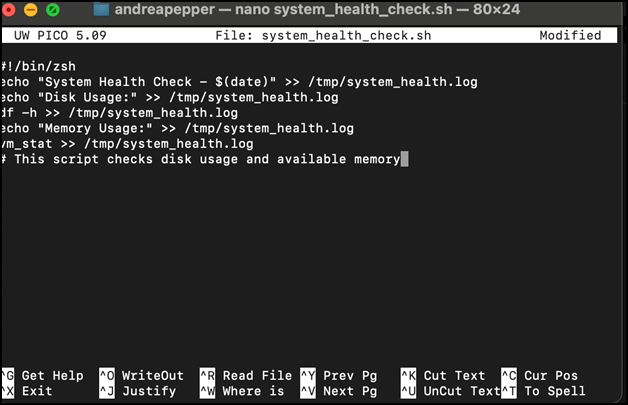 A nano text editor open on macOS displaying a script named system_health_check.sh that logs system health information, including disk usage and memory usage, to a file in /tmp/system_health.log.