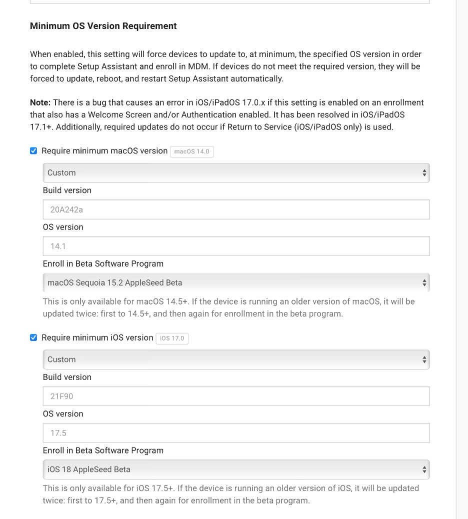 Screenshot showing the Minimum OS Version Requirement screen in SimpleMDM.