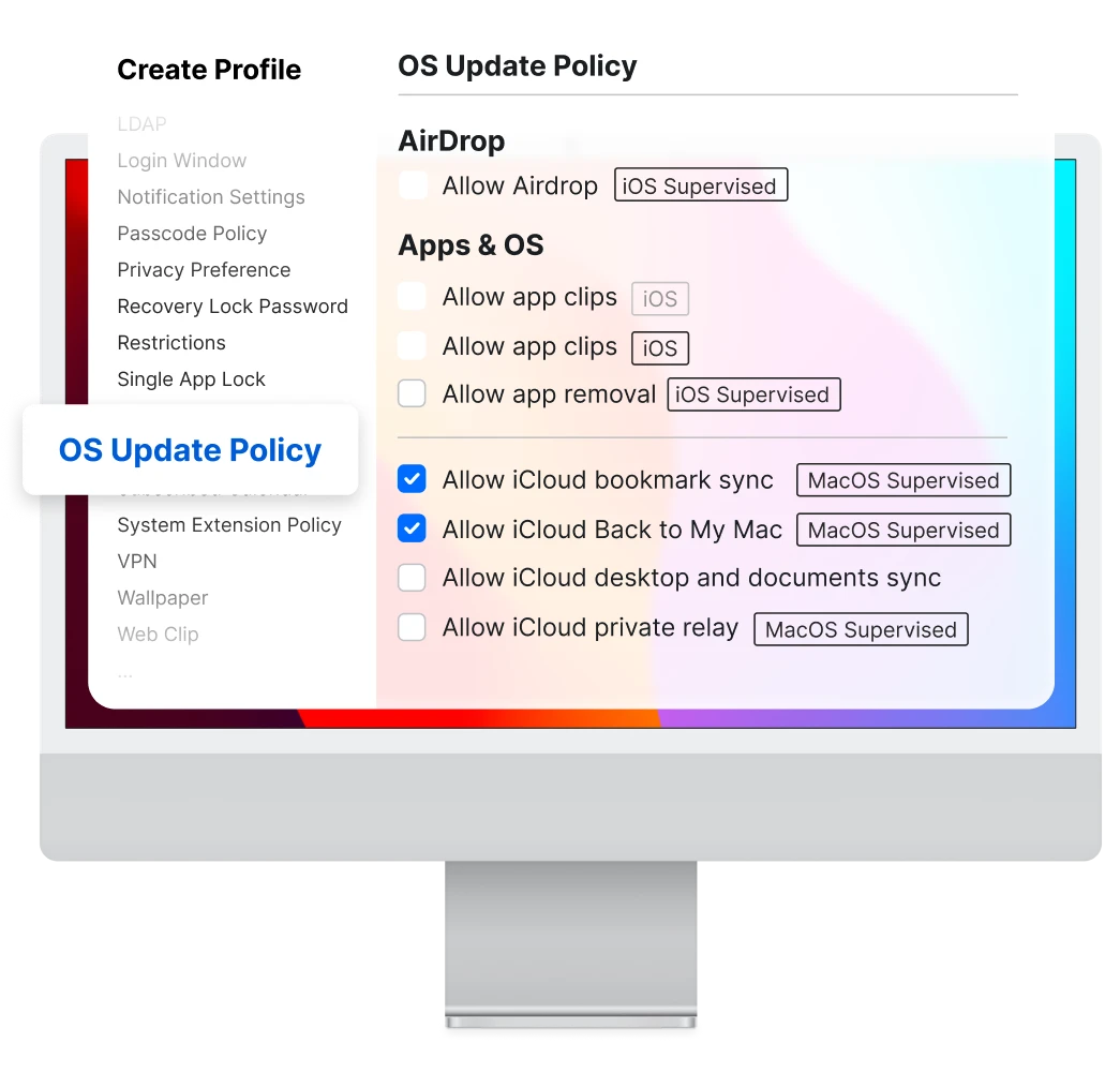 iMac displaying some configuration options for SimpleMDM