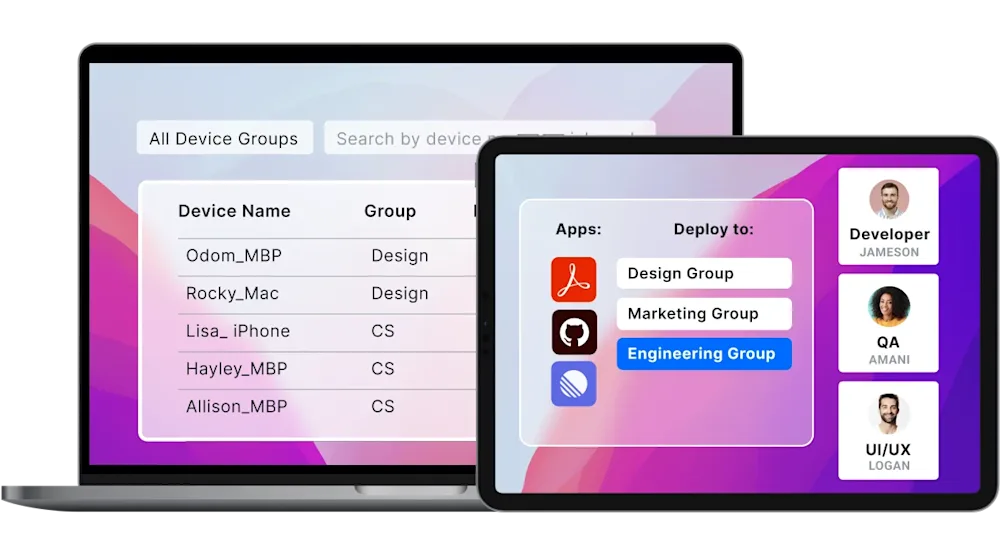 Laptop and ipad displaying mock UI of device groups and app deployment in SMDM