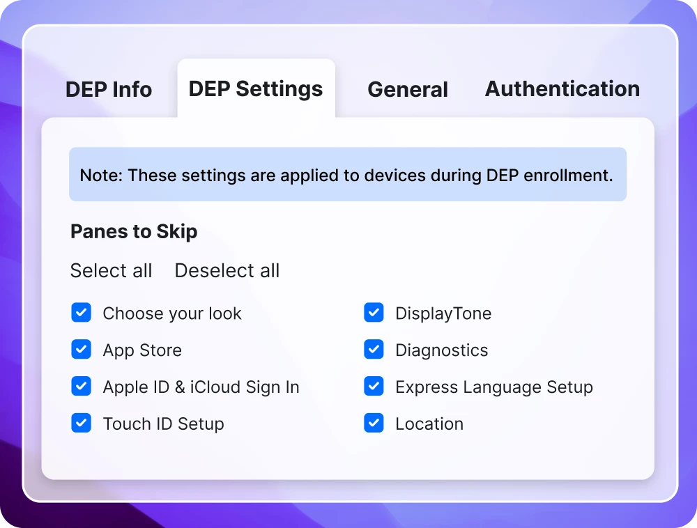 DEP settings in SimpleMDM