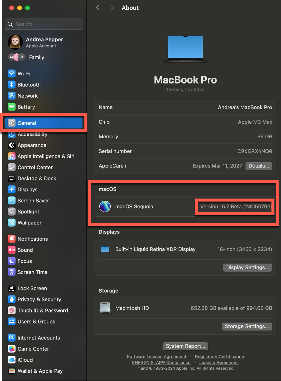 Screenshot showing System Settings > About for a MacBook Pro.