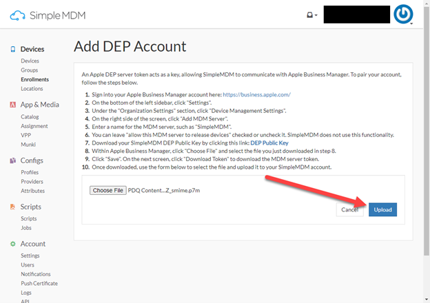 Once you add the token file to Add DEP Account click Upload