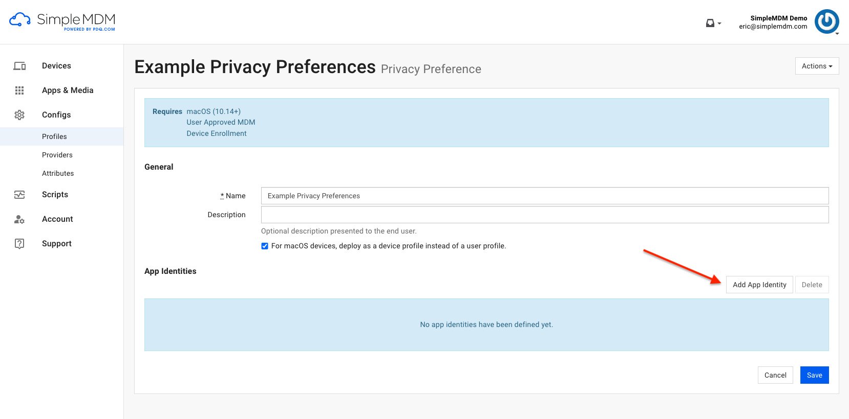 Image of the "Add App Identity" button in the Privacy Preference panel of the SimpleMDM Profiles section