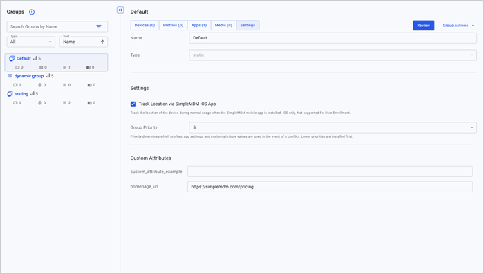 SimpleMDM group settings page showing the track location option, group priority set to 5, and custom attributes including homepage_url.