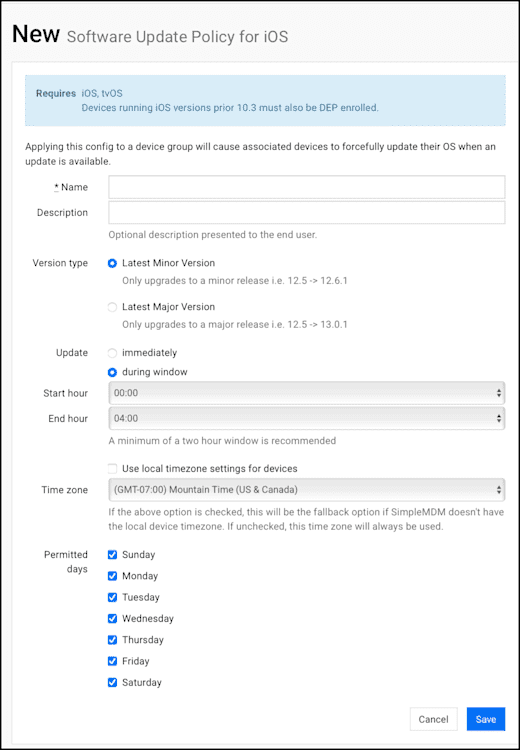 Screenshot of SimpleMDM's interface showing Configs > Profiles > Create Profile > Software Update Policy for iOS.
