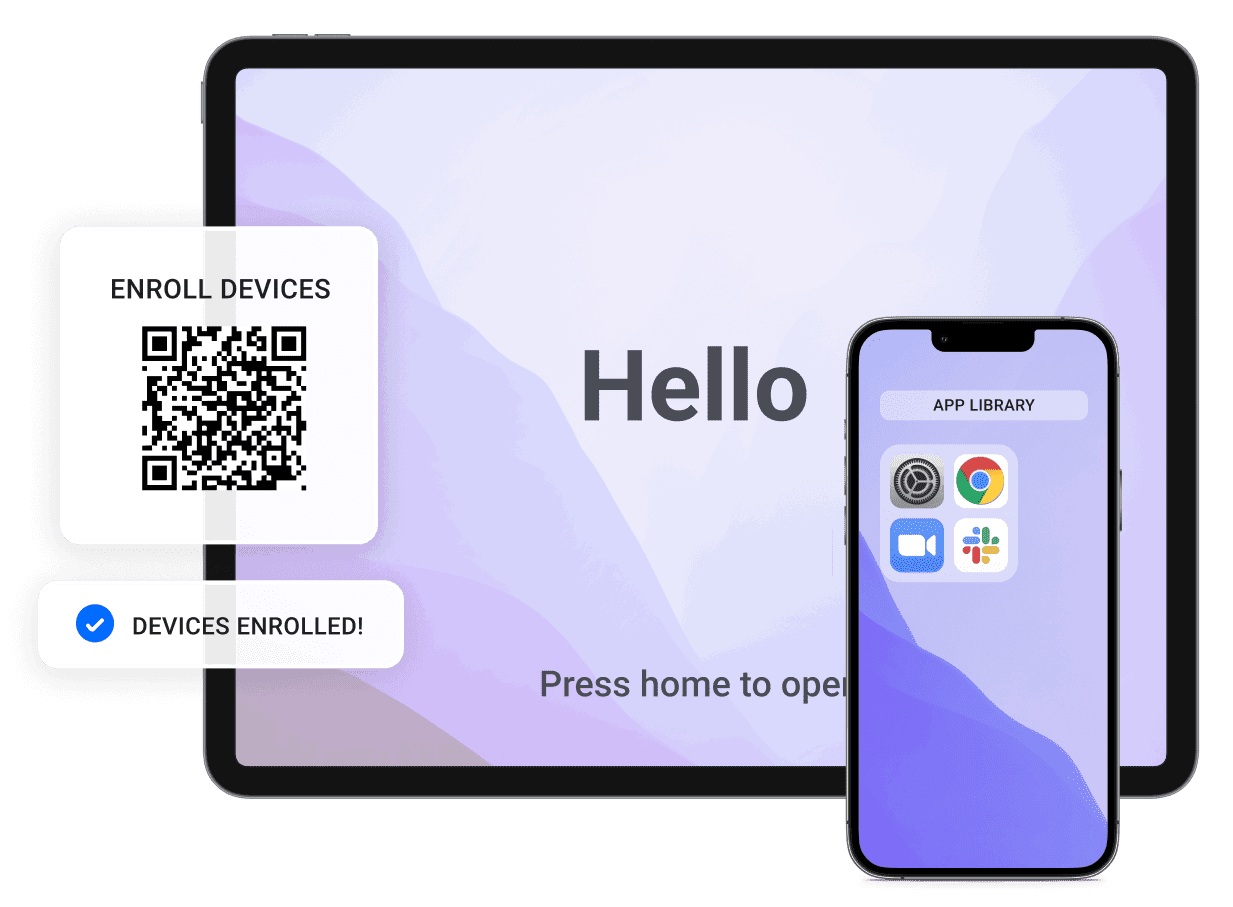 Illustration of tablet and phone with QR code to enroll devices