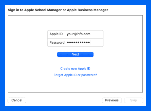 Enter your ABM or ASM credentials, and click Next.